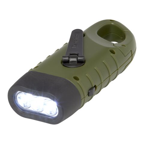 Lampe de poche dynamo solaire Helios en plastique recyclé avec mousqueton Standard | Vert militaire | sans marquage | non disponible | non disponible