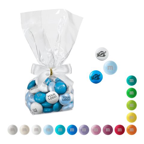 Bonbons en chocolat M&amp;M’S® personnalisés dans un ballotin transparent de 40 g avec nœud sans marquage | bleu profond