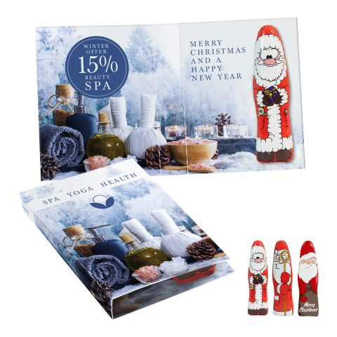 Carte à croquer avec un Père Noël en chocolat MINI, motifs standards sans marquage | Père Noël avec un cadeau