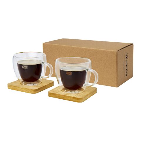 Tasse Manti 2 pièces en verre à double paroi de 100 ml avec sous-verre en bambou Standard | Blanc-beige | sans marquage | non disponible | non disponible