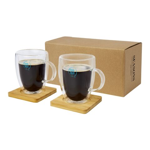 Tasse 2 pièces Manti de 350 ml à double paroi en verre avec sous-verre en bambou Standard | Blanc-beige | sans marquage | non disponible | non disponible