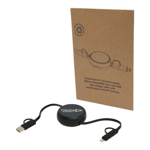 Câble rétractable 5 en 1 Alasia de 100 cm en plastique recyclé et aluminium pour la synchronisation des données et la charge rapide de 45 W Standard | Noir | sans marquage | non disponible | non disponible