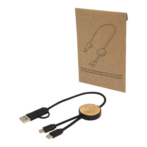 Câble 5 en 1 Chechia en plastique recyclé de 30 cm pour la synchronisation des données et la charge rapide de 27 W avec détails en bambou Standard | Noir | sans marquage | non disponible | non disponible