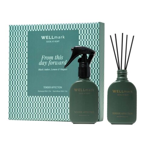 Coffret cadeau Wellmark Tender Affection comprenant un vaporisateur d'ambiance de 50 ml et un diffuseur de 50 ml Green flash