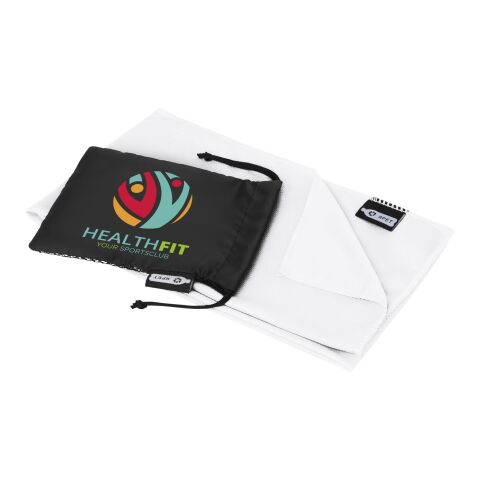 Serviette de sport rafraîchissante en PET recycl Raquel avec pochette Standard | blanc | sans marquage | non disponible | non disponible | non disponible