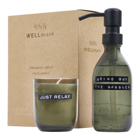 Distributeur de savon pour les mains de 200 ml et jeu de bougies parfumées de 150 g WELLmarkDiscovery - parfum ambré foncé