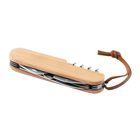 RYKER. Couteau de poche multifonctionnel en bambou et acier inoxydable avec manche en PU Beige | sans marquage