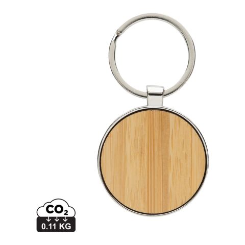 Porte-clés rond en alliage de zinc RCS et bambou argent-marron | sans marquage | non disponible | non disponible