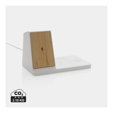 Chargeur 15W Ontario 3 en 1 plastique recyclé RCS et bambou blanc | sans marquage | non disponible | non disponible