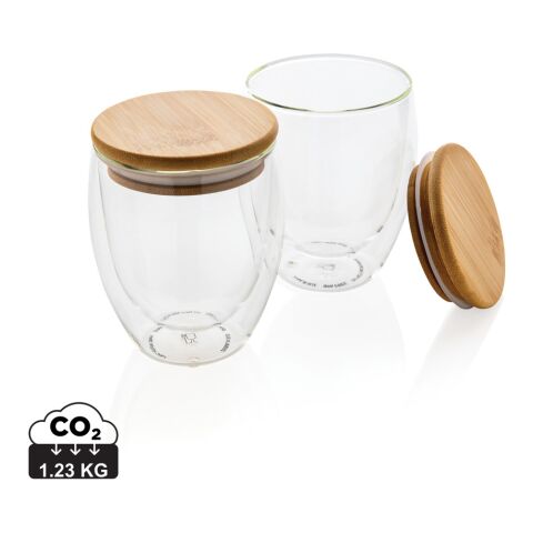 Set de 2 verres double paroi 250ml avec couvercle en bambou blanc | sans marquage | non disponible | non disponible
