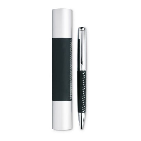 Stylo bille métal avec finitions argent chromé et cuir livré noir | sans marquage | non disponible | non disponible