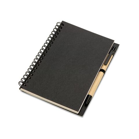 Carnet de note recyclé à spirales avec stylo - pages blanches noir | sans marquage | non disponible | non disponible | non disponible