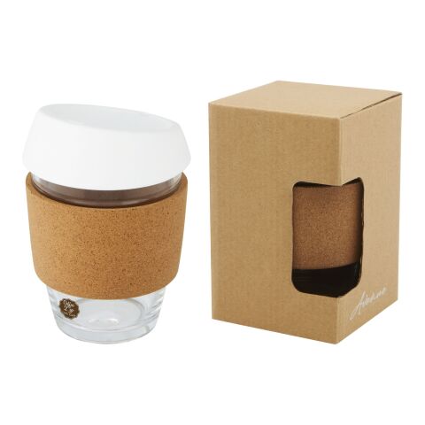 Gobelet Lidan de 360 ml en verre borosilicate avec grip en liège et couvercle en silicone Standard | blanc | sans marquage | non disponible | non disponible