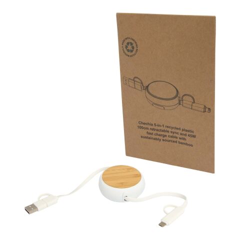 Câble rétractable 5 en 1 Chechia de 100&nbsp;cm en plastique recyclé pour la synchronisation des données et la charge rapide de 45 W Standard | Blanc | sans marquage | non disponible | non disponible
