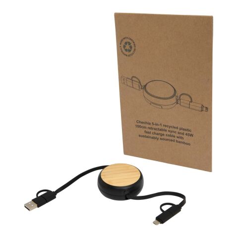 Câble rétractable 5 en 1 Chechia de 100 cm en plastique recyclé pour la synchronisation des données et la charge rapide de 45 W Standard | Noir | sans marquage | non disponible | non disponible
