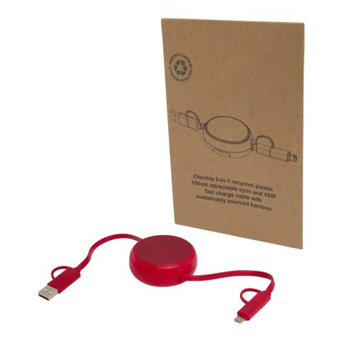 Câble rétractable 5 en 1 Alasia de 100 cm en plastique recyclé et aluminium pour la synchronisation des données et la charge rapide de 45 W Standard | Rouge | sans marquage | non disponible | non disponible