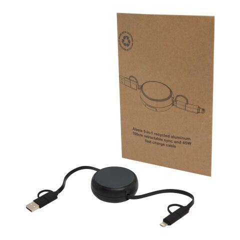 Câble rétractable 5 en 1 Alasia de 100 cm en plastique recyclé et aluminium pour la synchronisation des données et la charge rapide de 45 W Standard | Noir | sans marquage | non disponible | non disponible