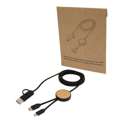 Câble 5 en 1 Chechia en plastique recyclé de 150 cm pour la synchronisation des données et la charge rapide de 27 W avec détails en bambou Standard | noir | sans marquage | non disponible | non disponible