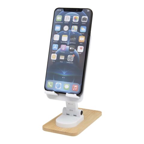Support de téléphone de bureau Alfirk pliable en plastique recyclé avec détails en bambou Standard | Blanc | sans marquage | non disponible | non disponible