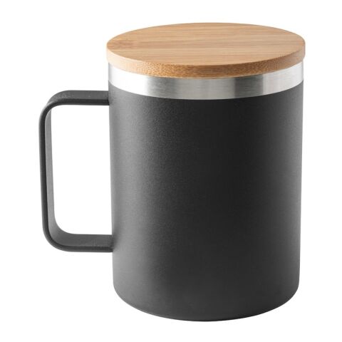 LAUDA. Mug en acier inoxydable recyclé à 90% avec couvercle en bambou 420 mL Noir | sans marquage