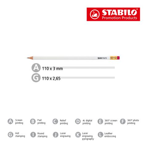 STABILO crayon graphite hexagonal blanc avec bout gomme blanc | sans marquage