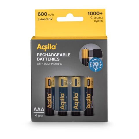 Piles rechargeables Aqiila AAA USB-C 600 mAh, lot de 4 Noir