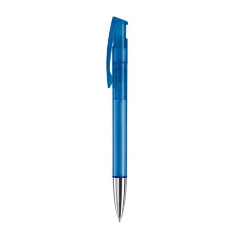 Stylo Avalon Transparent Pointe métal Bleu / Blanc-Bleu / Blanc | Sérigraphie 1 couleur | à 270 degrés du clip | 50 mm x 25 mm | non disponible