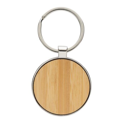 Porte-clés rond en alliage de zinc RCS et bambou argent-marron | sans marquage | non disponible | non disponible