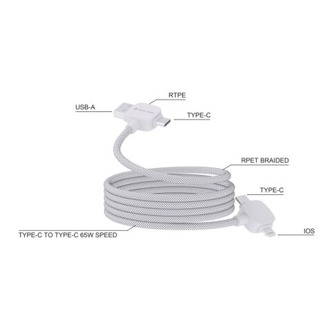 Câble 65W en TPE/PET RCS recyclé Urban Vitamin Stockton blanc | sans marquage | non disponible | non disponible