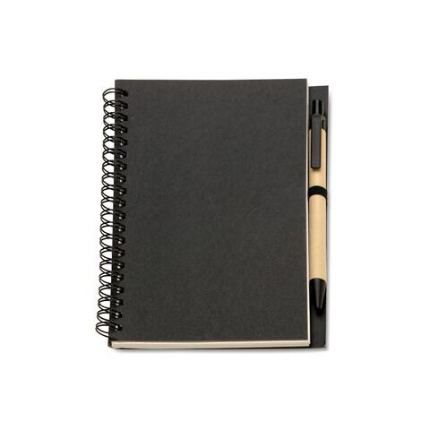 Carnet de note recyclé à spirales avec stylo - pages blanches noir | sans marquage | non disponible | non disponible | non disponible