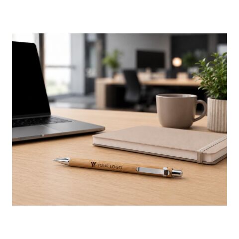 Stylo bille en bamboo et métal, mine bleue. marron
