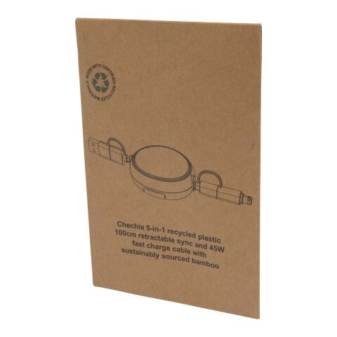 Câble rétractable 5 en 1 Chechia de 100 cm en plastique recyclé pour la synchronisation des données et la charge rapide de 45 W Standard | Noir | sans marquage | non disponible | non disponible