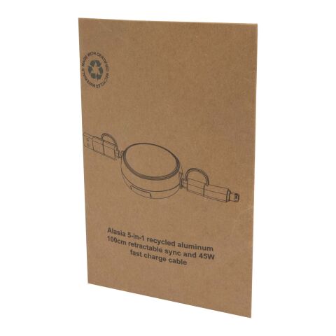 Câble rétractable 5 en 1 Alasia de 100 cm en plastique recyclé et aluminium pour la synchronisation des données et la charge rapide de 45 W Standard | Noir | sans marquage | non disponible | non disponible