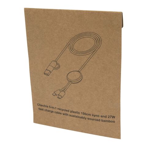 Câble 5 en 1 Chechia en plastique recyclé de 150&nbsp;cm pour la synchronisation des données et la charge rapide de 27&nbsp;W avec détails en bambou Standard | Blanc | sans marquage | non disponible | non disponible