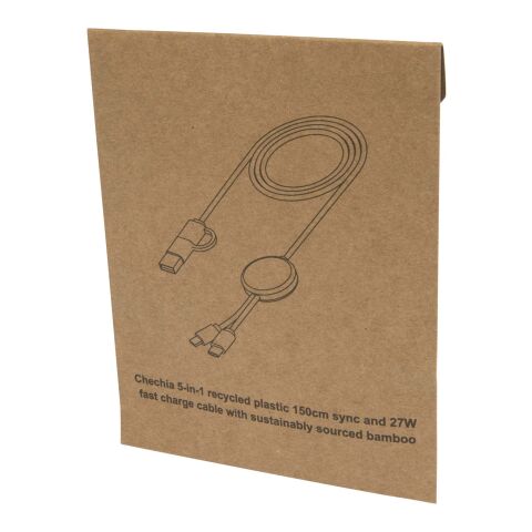 Câble 5 en 1 Chechia en plastique recyclé de 150 cm pour la synchronisation des données et la charge rapide de 27 W avec détails en bambou Standard | noir | sans marquage | non disponible | non disponible