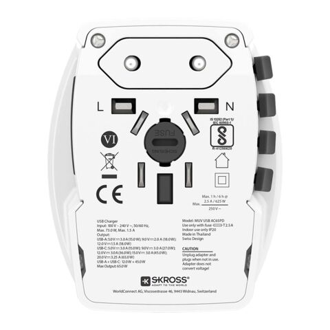 Adaptateur universel SKROSS® MUV AC65PD avec câble USB-C blanc