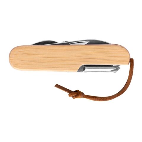 RYKER. Couteau de poche multifonctionnel en bambou et acier inoxydable avec manche en PU Beige | sans marquage