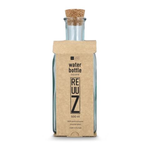 Bouteille en verre recyclé InSideOut Square ReuuZ avec bouchon en liège 500 ml Transparent | sans marquage | non disponible | non disponible