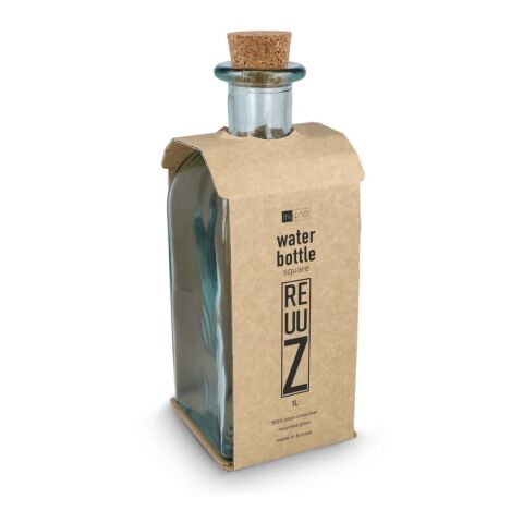 Bouteille en verre recyclé InSideOut Square ReuuZ avec bouchon en liège 1 L Transparent