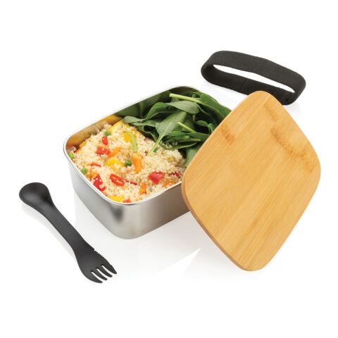 Boîte à Lunch en acier avec couvercle en bambou et cuichette argent | sans marquage | non disponible | non disponible