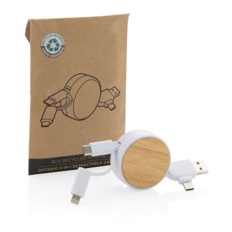 Câble Ontario 6-en-1 rétractable en plastique recyclé RCS blanc | sans marquage | non disponible | non disponible