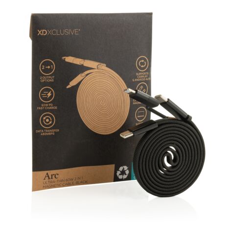Câble magnétique 60W 2 en 1 Arc en PET RCS noir | sans marquage | non disponible | non disponible