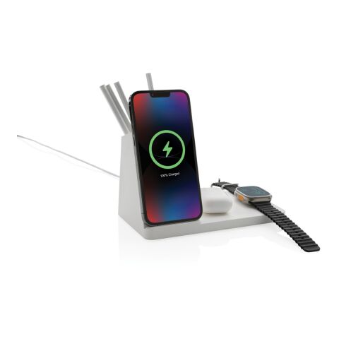 Chargeur 15W Ontario 3 en 1 plastique recyclé RCS et bambou blanc | sans marquage | non disponible | non disponible