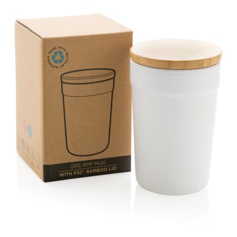 Mug 300ml en PP recyclé GRS avec couvercle en bambou FSC® blanc | sans marquage | non disponible | non disponible