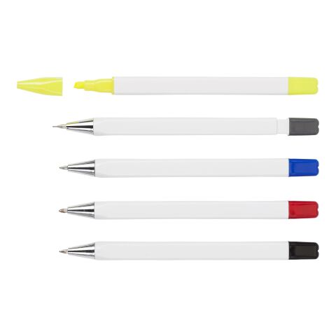 Etui en plastique contenant 4 stylos et 1 roller blanc | sans marquage | non disponible | non disponible