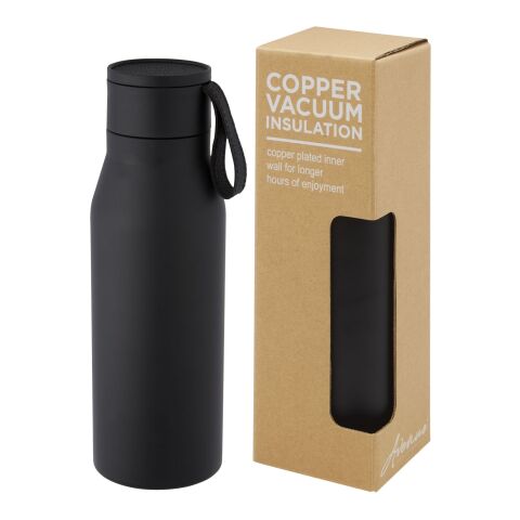 Bouteille Ljungan de 500 ml en acier inoxydable avec cuivre et isolation par le vide, avec dragonne et couvercle en PU Standard | noir | sans marquage | non disponible | non disponible