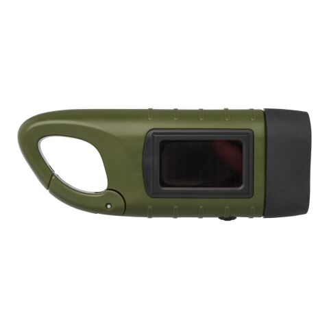 Lampe de poche dynamo solaire Helios en plastique recyclé avec mousqueton Standard | Vert militaire | sans marquage | non disponible | non disponible