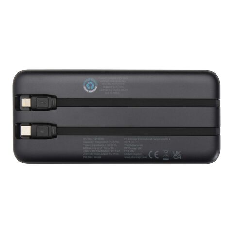 Batterie de secours Adhil de 10 000 mAh et 10 W en plastique recyclé avec 2 câbles intégrés Standard | Noir | sans marquage | non disponible | non disponible