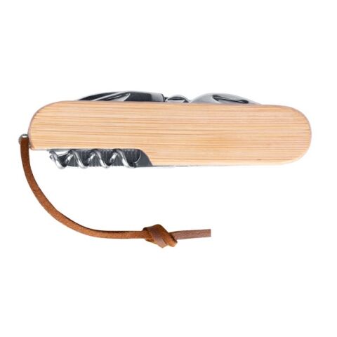 RYKER. Couteau de poche multifonctionnel en bambou et acier inoxydable avec manche en PU Beige | sans marquage