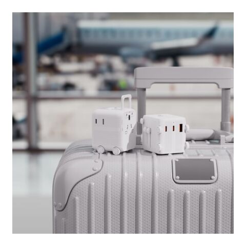 Chariot adaptateur universel GaN Xoopar Luggie pour voyages internationaux Blanc | Tampographie 1 couleur | face avant | 25 mm x 10 mm